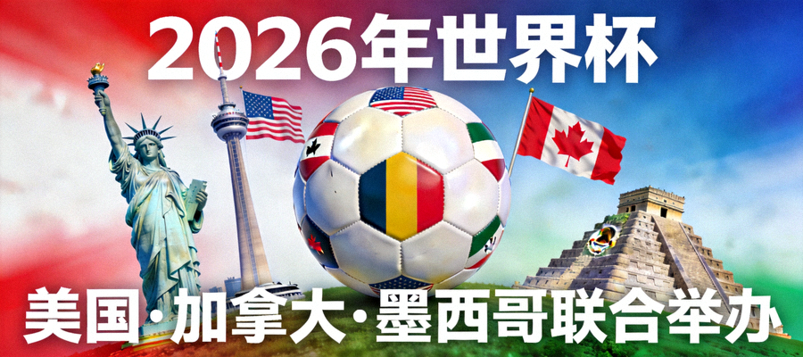 2026年世界杯概念图 - 融合美国、加拿大、墨西哥地标与足球元素